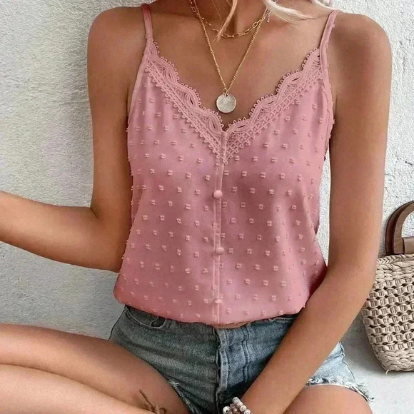 . Tops - Pink Boho Womens Swiss Dot Contrast Lace Cami Top